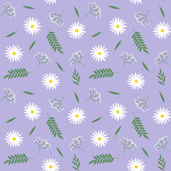 Fototapeta na wymiar spring small white flowers green leaves chamomile branches pattern on a purple background seamless vector