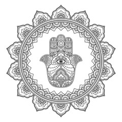 Circular pattern in form of mandala for Henna, Mehndi, tattoo, decoration. Decorative ornament in oriental style with Hamsa hand drawn symbol. Coloring book page.