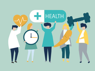 Characters of people holding health icons illustration