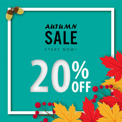 autumn sale banner background ,twenty percent sale off with paper art design vector or illustration