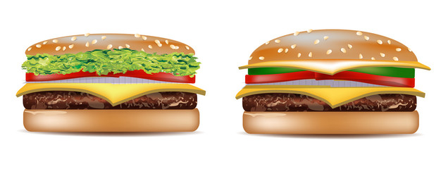 Vector Realistic Hamburger icon. Classic Burger American Cheeseburger with Lettuce Tomato Onion Cheese Beef Closeup isolated on white Background. Fast Food. Beef meat and fresh organic vegetables