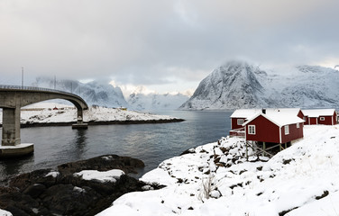 A view of Reinefjorden towards the mountain of Olstind from Hamnoy