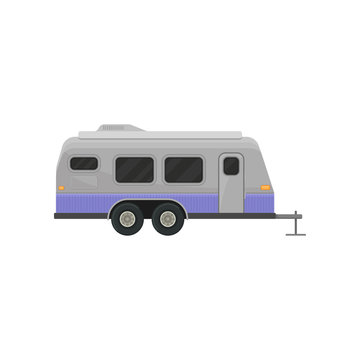 Classic camper trailer for family journey. Home on wheels. Vehicle for comfort travel. Flat vector for advertising poster or banner