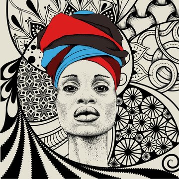 African woman with African in turban, tribal background. Beautiful black woman. Vector illustration
