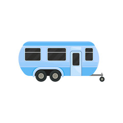 Flat vector icon of blue camper trailer for family travel. Caravan with door and black tinted windows. Recreational vehicle