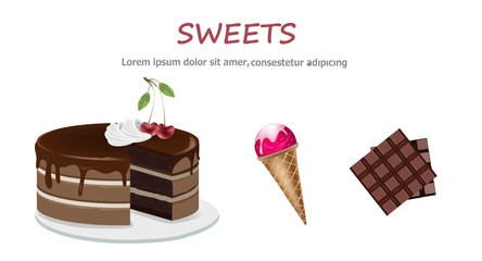Ice cream, chocolate cake with cherry on top, chocolate bar. 3d realistic vector icon set