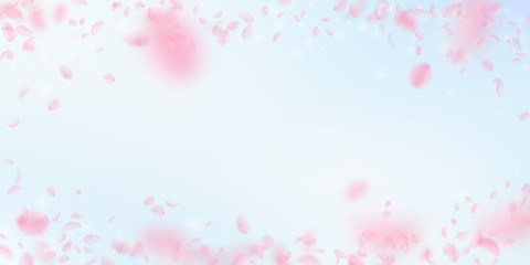 Sakura petals falling down. Romantic pink flowers vignette. Flying petals on blue sky wide backgroun
