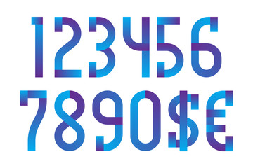 Blue violet numbers with dollar and euro symbols in vibrant style.