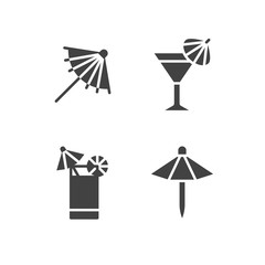 Cocktail umbrella flat glyph icons. Cold summer drinks illustrations, tequila sunrise, cosmopolitan alcohol beverage. Signs for beach bar. Solid silhouette pixel perfect 64x64.