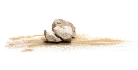 Rocks in sand pile isolated on white background and texture