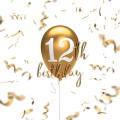 Happy 12th birthday gold balloon greeting background. 3D Rendering