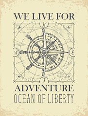 Hand-drawn vector banner with a wind rose, old nautical compass and steering wheel in retro style. Illustration on the theme of travel, adventure and discovery on the background of old map