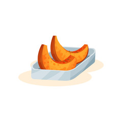Baked pumpkin pieces, organic healthy autumn food vector Illustration on a white background
