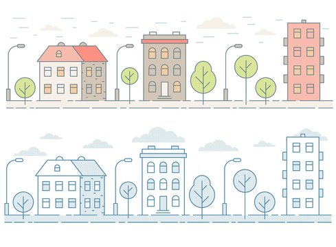 Colored seamless cityscape with houses, trees.  Minimalist contour style. 