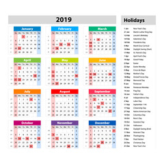 vector public holidays for the USA Calendar 2019. Colorful set. Week starts on Sunday. Basic grid