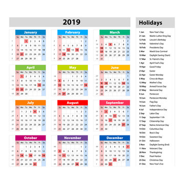 vector public holidays for the USA Calendar 2019. Colorful set. Week starts on Sunday. Basic grid