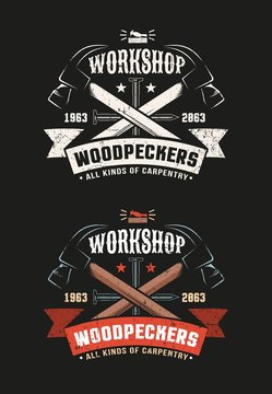 Two crossed hammers, nails and ribbon - a retro workshop logo. Grunge texture on a separate layer