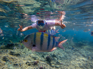 Woman snorkeling in blue water. Snorkel shows thumb in full face mask. Summer activity. Beautiful girl in sea water. Underwater photo of oceanic landscape. Seaside adventure. Water sport in tropic sea