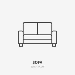 Sofa flat line icon. Apartment furniture sign, vector illustration of living room couch. Thin linear logo for interior store.