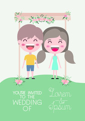 wedding invitation card with couple in wooden frame and flowers