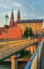 Bridge, view to the old buildings, sunset, sun rays, Poland