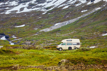 Camper car in norwegian mountains