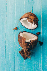 coconut on a blue wooden background, banner, copy space