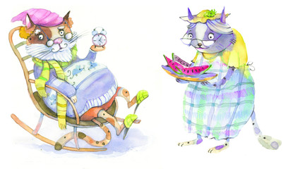 Cats, grandmother and grandfather, watercolor illustration