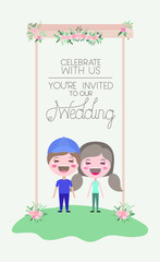 wedding invitation card with couple in wooden frame and flowers