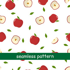 Seamless pattern of apple red and leaf on a white background.