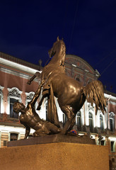 Sculpture of Horse tamer at Anichkov bridge in Saint Petersburg. Russia