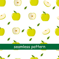 Seamless pattern of apple green and leaf on a white background.
