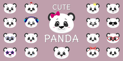 Cute panda smiley, a set of different emotions.