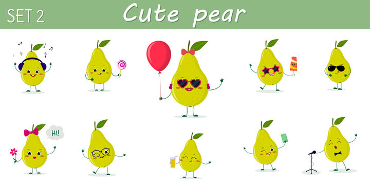 A set of ten nice green pear characters in different poses and accessories in cartoon style.