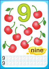 printable worksheet for kindergarten and preschool. harvest of ripe berries and fruits. We count and write numbers from 1 to 10