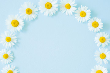 Fototapeta premium Beautiful, fresh white daisies on pastel blue background. Round frame. Soft light color. Greeting card. Mockup for positive idea. Empty place for inspirational, emotional, sentimental text or quote.