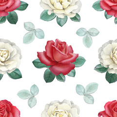 Watercolor illustrations of a roses. Seamless pattern.
