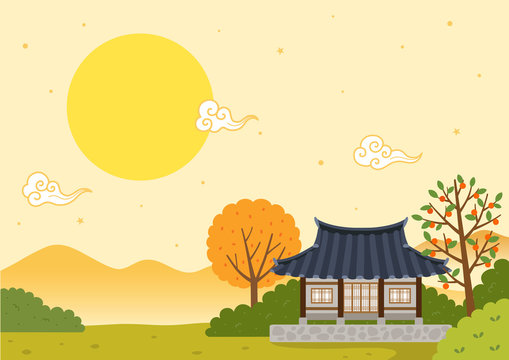 Autumn landscape with Korean traditional house and full moon