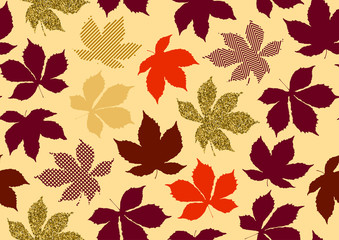 Fall leaves seamless pattern with gold glitter texture. Vector illustration for stylish background, textile, wrapping paper design.