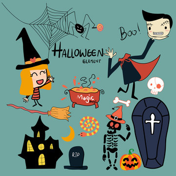 hand drawn doodle Halloween elements clip art collection cute flat vector