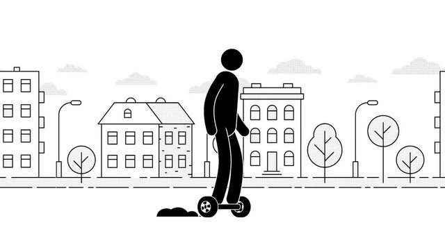 Pictogram man riding a hoverboard on  the urban landscape background and  crashes into a pillar. Icon People. Individual transport. Loop animation with alpha channel.