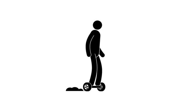 Icon man riding a hoverboard  and  crashes into a pillar. Pictogram People. Individual transport. Loop animation with alpha channel.