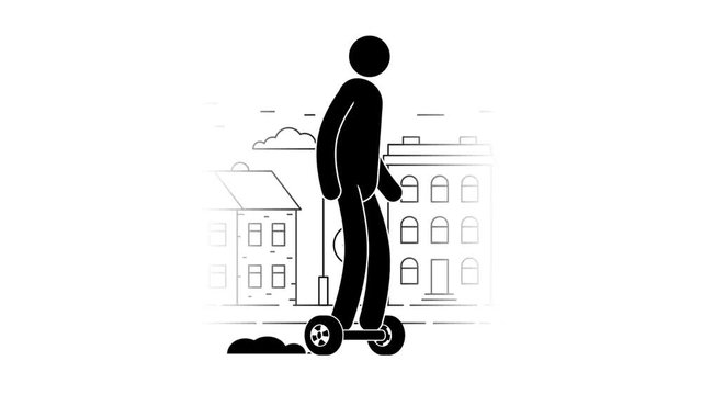 Icon man riding a gyroscooter on  the urban landscape background. Pictogram People. Individual transport. Loop animation with alpha channel.