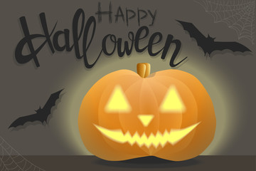 Vector illustration of a holiday greeting banner. The inscription of Happy Halloween on a dark background with a cheerful pumpkin, cobwebs and bats. A cartoonish image.