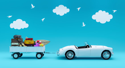 Travel concept, Car with luggage ready for summer vacation on blue background 3D render 3D illustration