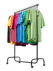 Mobile rack with color clothes isolated on white background. File contains a path to isolation.