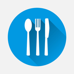 Cutlery vector icon. Symbol of a cafe, restaurant. Fork knife and spoon with a flat shadow.  Layers grouped for easy editing illustration. For your design.