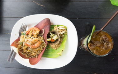 Top view Shrimps Pad Thai, noodles, Thailand.