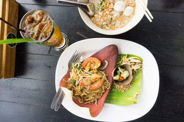 Top view Shrimps Pad Thai, noodles, Thailand.