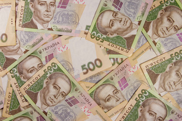 Ukrainian currency. Background of five hundred hryvnia banknotes
